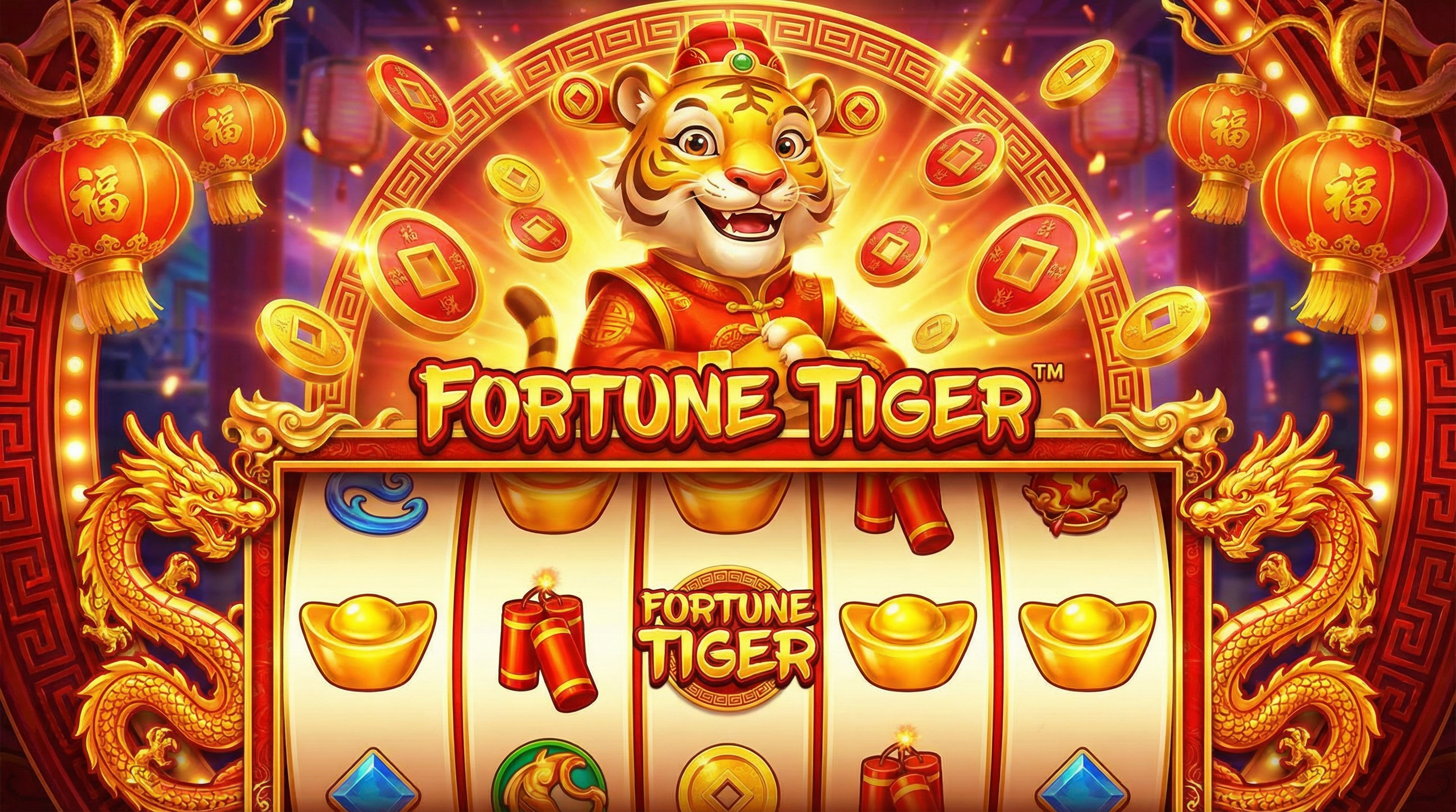 Juego Fortune Tiger con tigre dorado y símbolos de la suerte