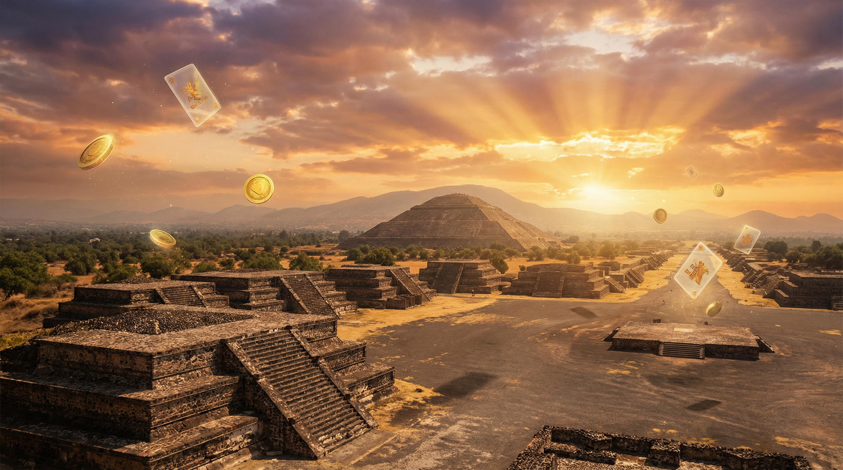 Vista panorámica de las pirámides de Teotihuacán al atardecer con monedas doradas flotando
